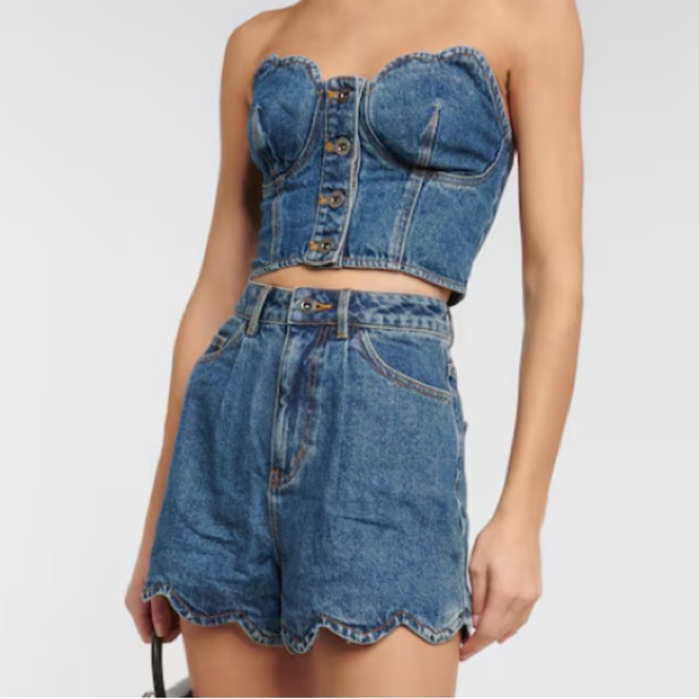 NWOT Self-Portrait Blue Denim Scalloped Strapless Top and Shorts Set